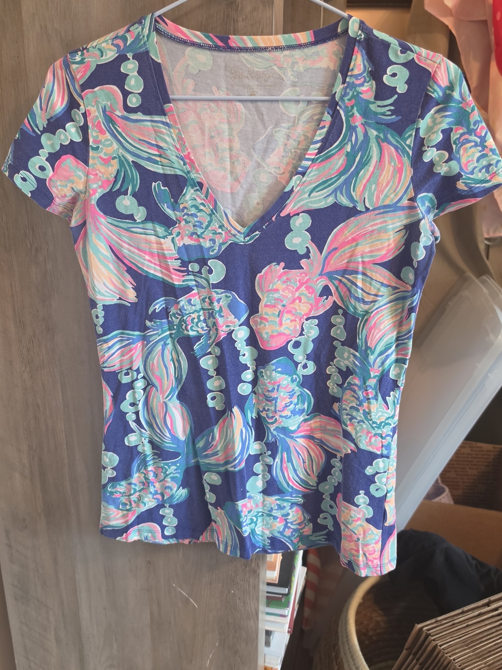 Lilly Pulitzer Navy V-Neck Mermaid Print Top in Pink, Aqua & Coral